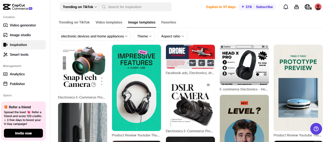 Pippit Inspiration page displaying electronic product templates for online business tools.